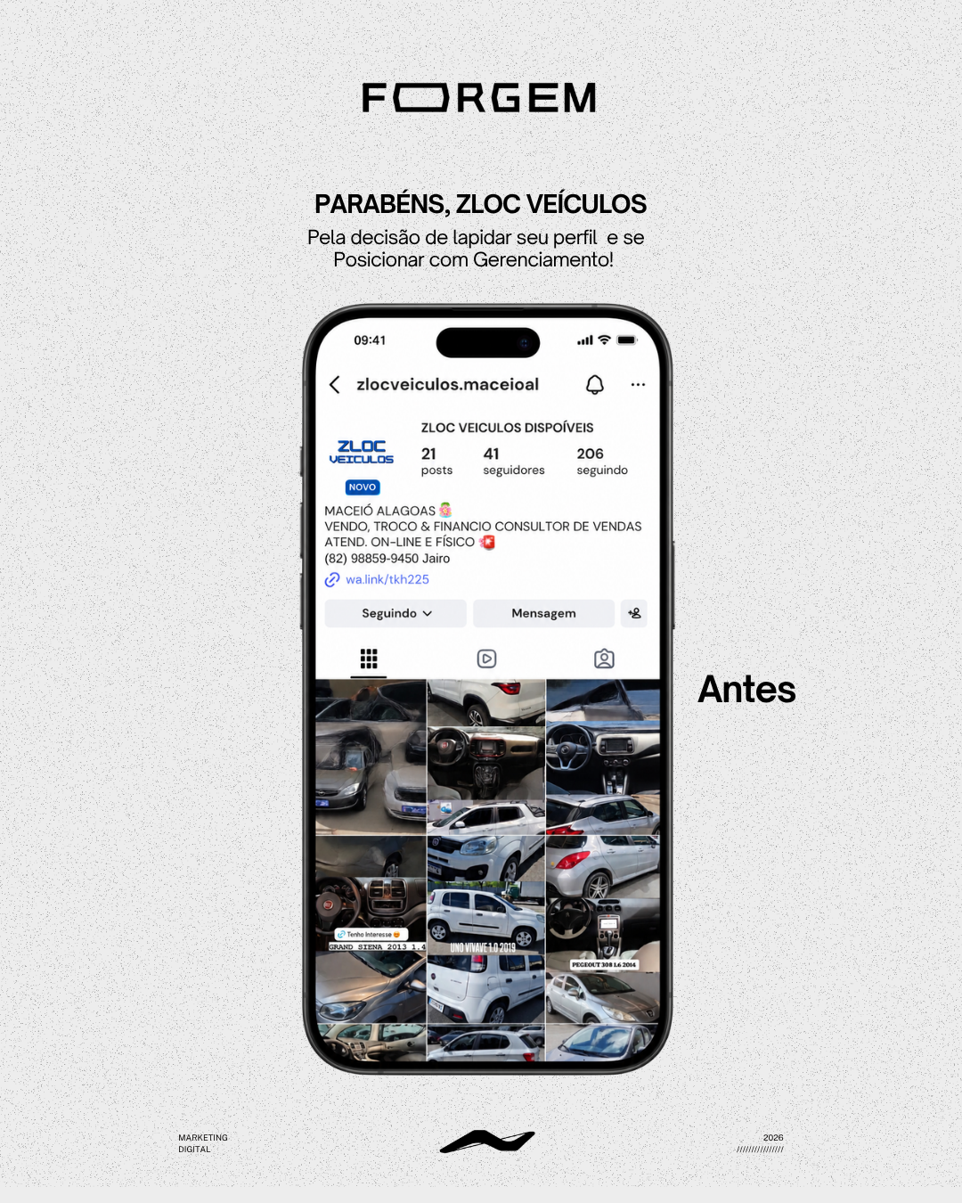 Perfil ZLOC Veículos antes da Forgem — feed amador sem identidade visual