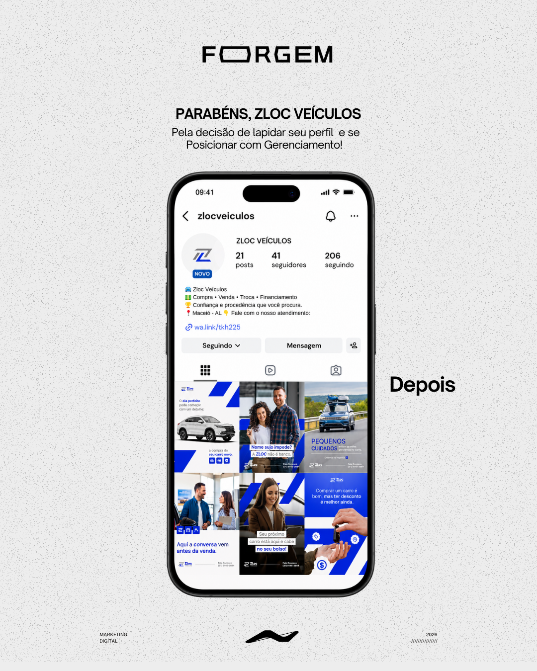 Perfil ZLOC Veículos depois da Forgem — feed posicionado com identidade visual